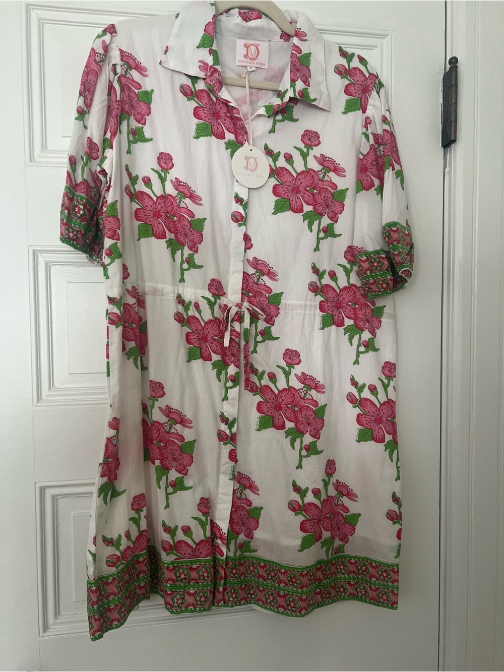 Victoria Dunn White Midi Dress with Pink Floral & Green Accents